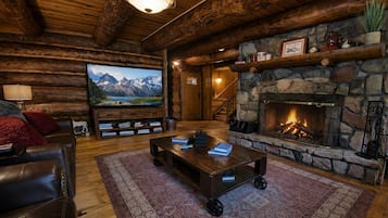 Smart TV, fireplace, books