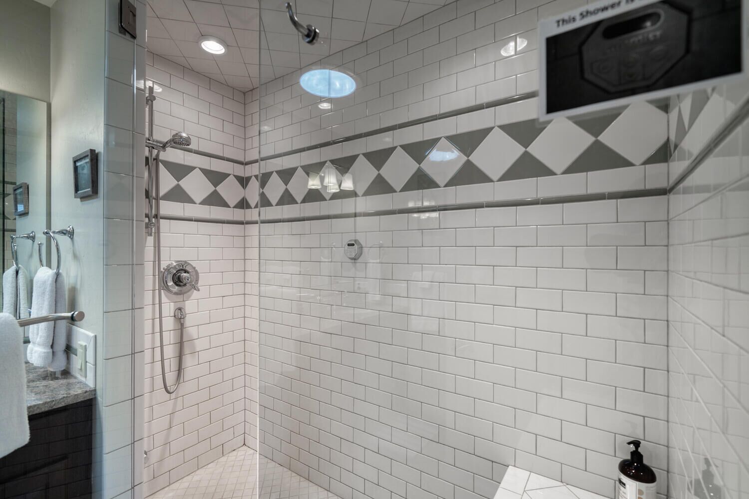 Shower, towels, soap, toilet paper