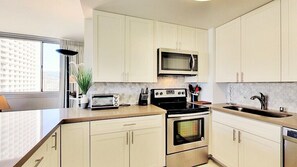 Fridge, microwave, oven, stovetop
