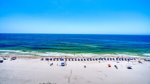 A beach with rows of umbrellas and beach chairs, a sandy shore, and the ocean.