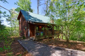 A rustic cabin with a porch, surrounded by dense forest.