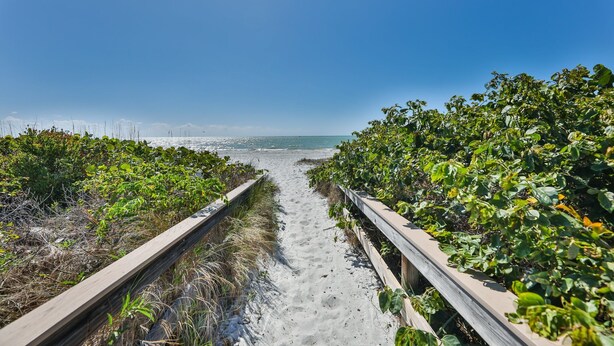 A sandy pathway flanked by dense green vegetation leading to a beach. - COMPASS POINT 221- Your Beach Getaway! (Sanibel)