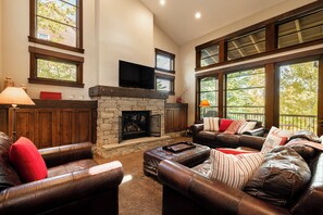 Televisión, chimenea y estéreo 