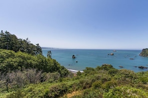 A coastal landscape with dense greenery and a clear view of the ocean.