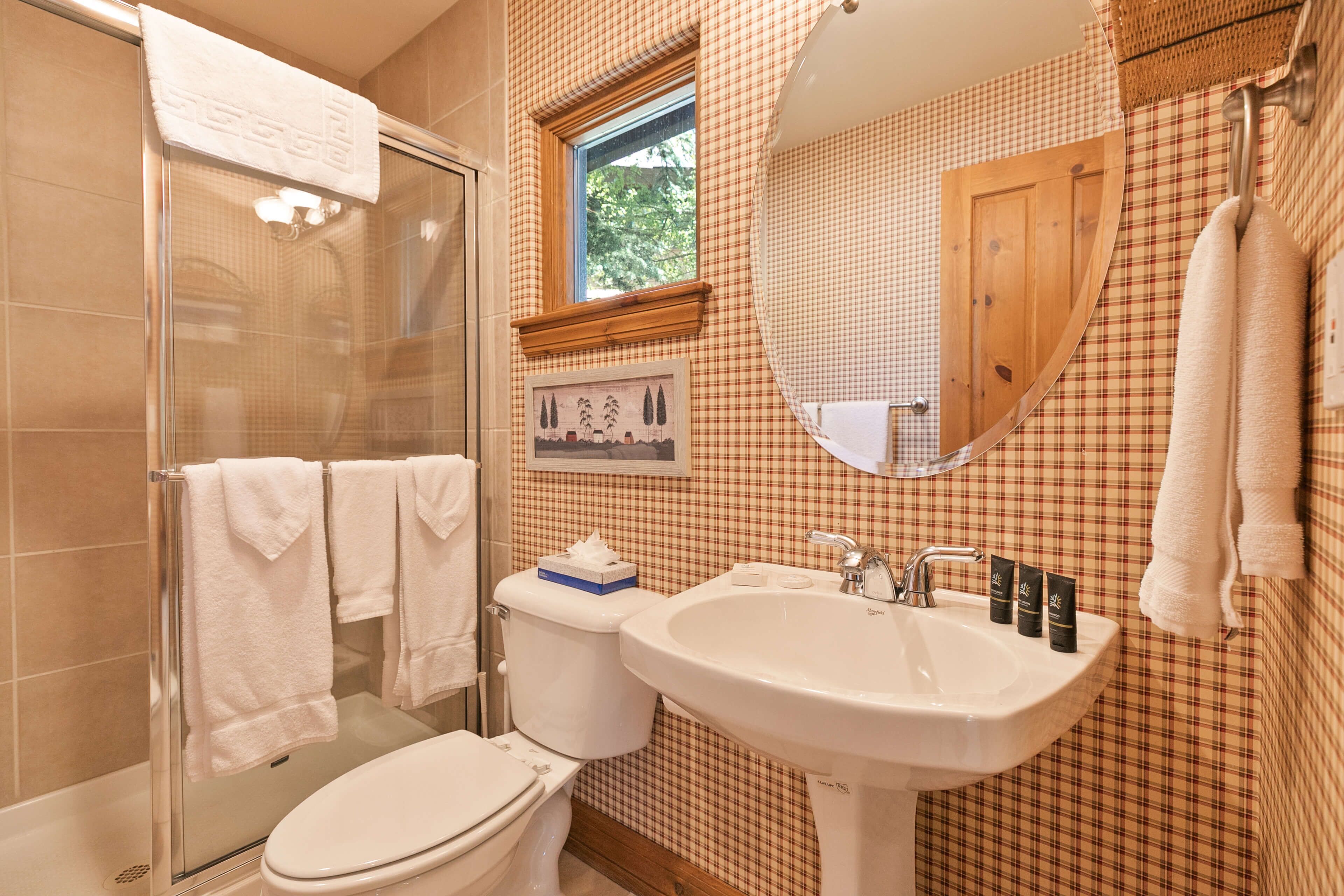 A bathroom with a glass shower enclosure, a white toilet, a sink with toiletries, and a checkered wall pattern.