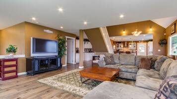 TV, fireplace, DVD player, foosball