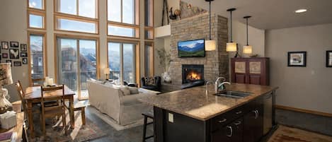 Televisión, chimenea, reproductor de DVD y libros