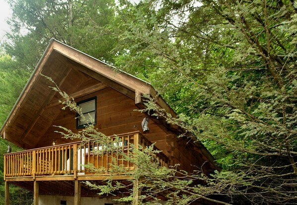 A wooden cabin with a balcony, surrounded by dense forest.
