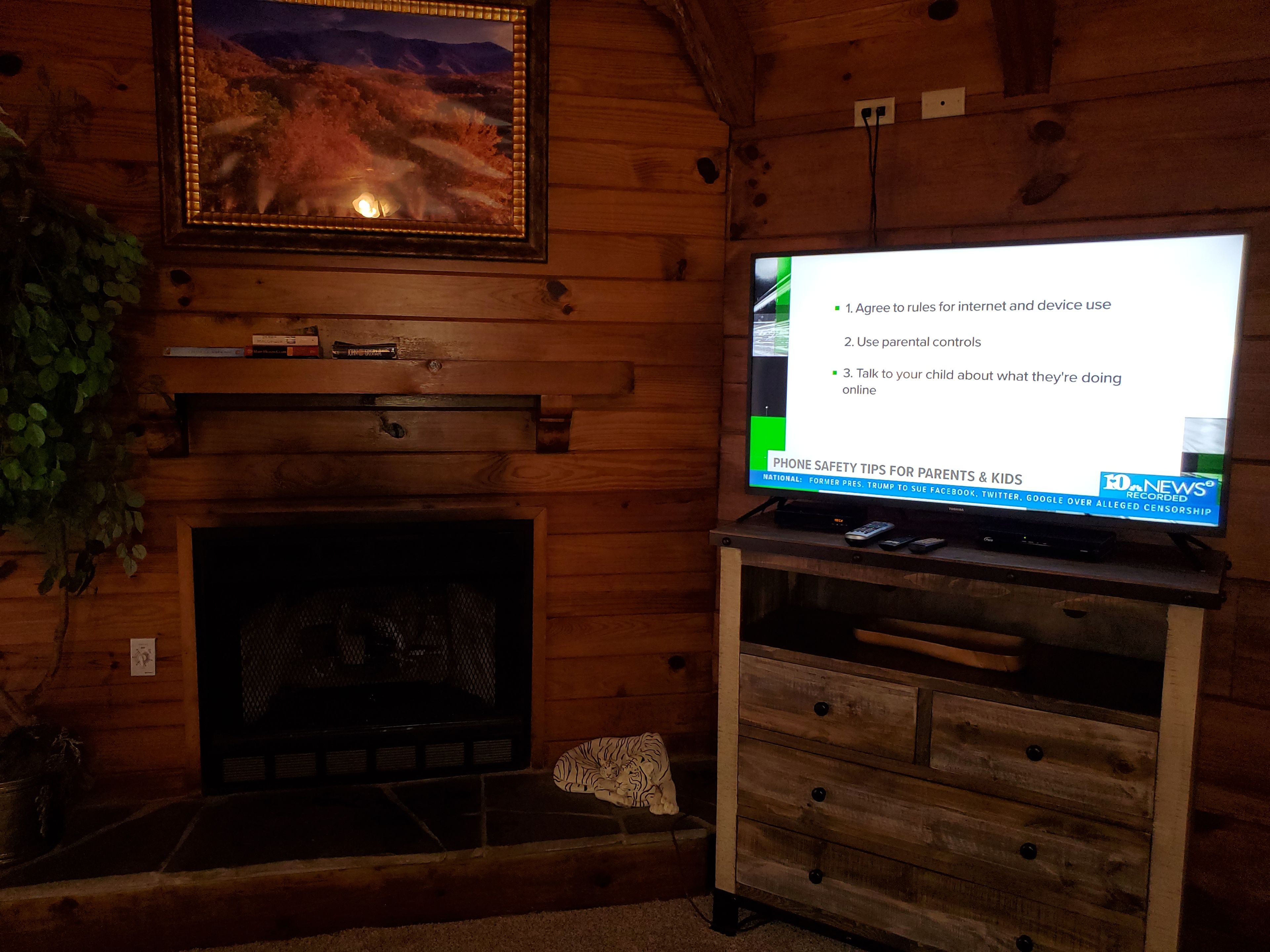 A cozy living room with a fireplace, a television displaying safety tips, and a framed picture above the fireplace.