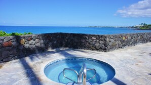 Una piscina in pietra con una scala in metallo, circondata da un muro in pietra, con vista su un oceano blu e cristallino.