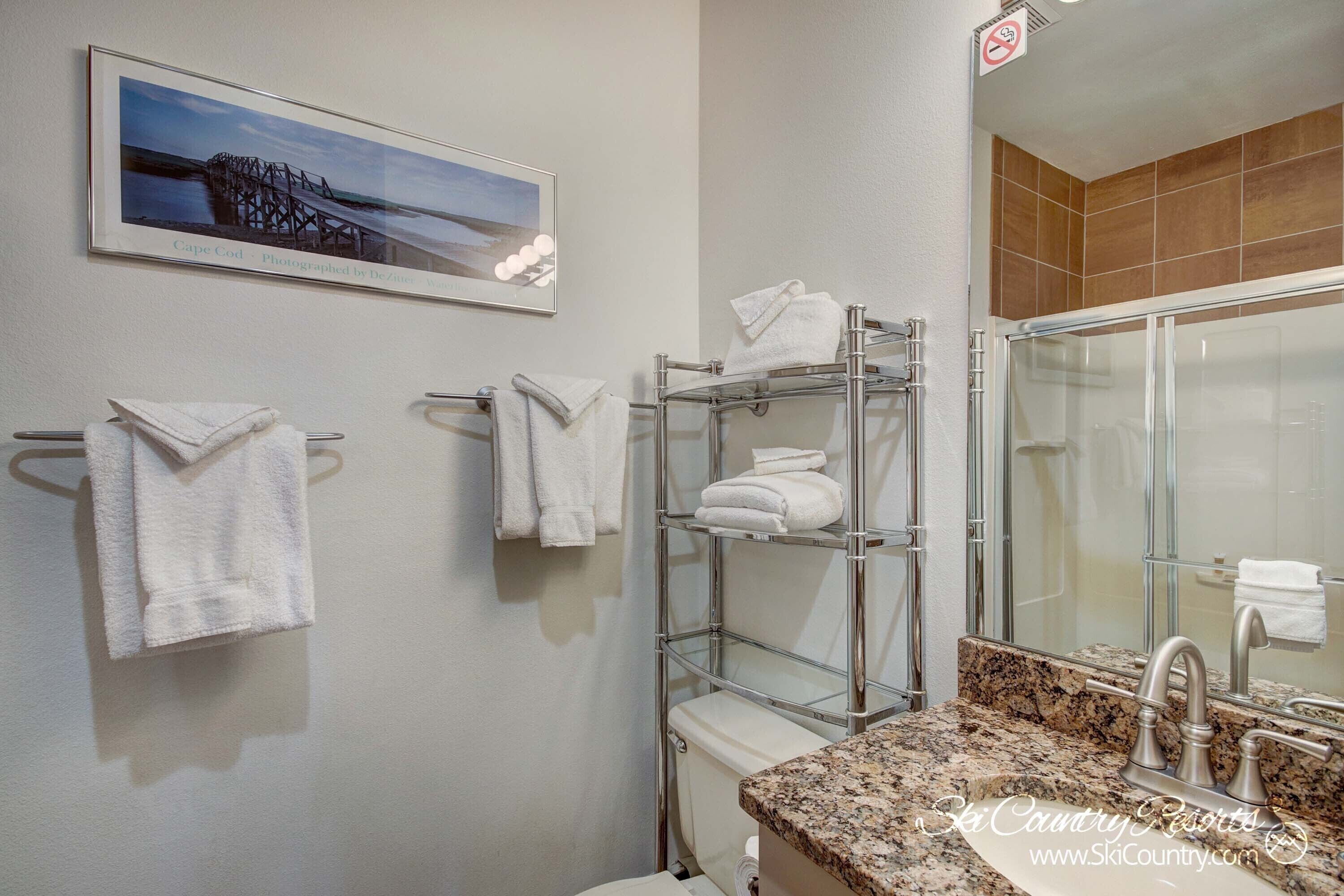 Combined shower/tub, hair dryer, towels