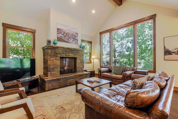 Flat-screen TV, fireplace, DVD player, books