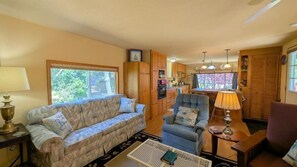 TV a schermo piatto, lettore DVD, libri, videoteca