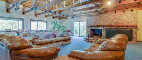 Televisión, chimenea, reproductor de DVD y libros