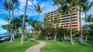 A resort with a palm tree-lined pathway leading to a building with multiple balconies.