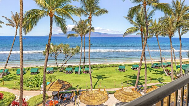 A beachside resort with palm trees, a view of the ocean, and outdoor seating areas.