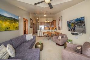 Smart TV, fireplace, DVD player, video library