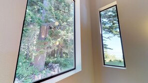 Dos ventanas con vistas a un área boscosa.