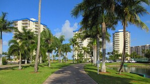 Un sendero bordeado de palmeras que conduce a un edificio de varios pisos con balcones.