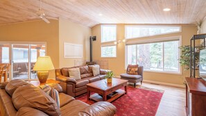 Smart TV, fireplace, books
