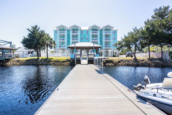 Enjoy waterfront views from the balconies of this multi-story property.