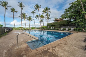 A swimming pool with palm trees and lounge chairs.
