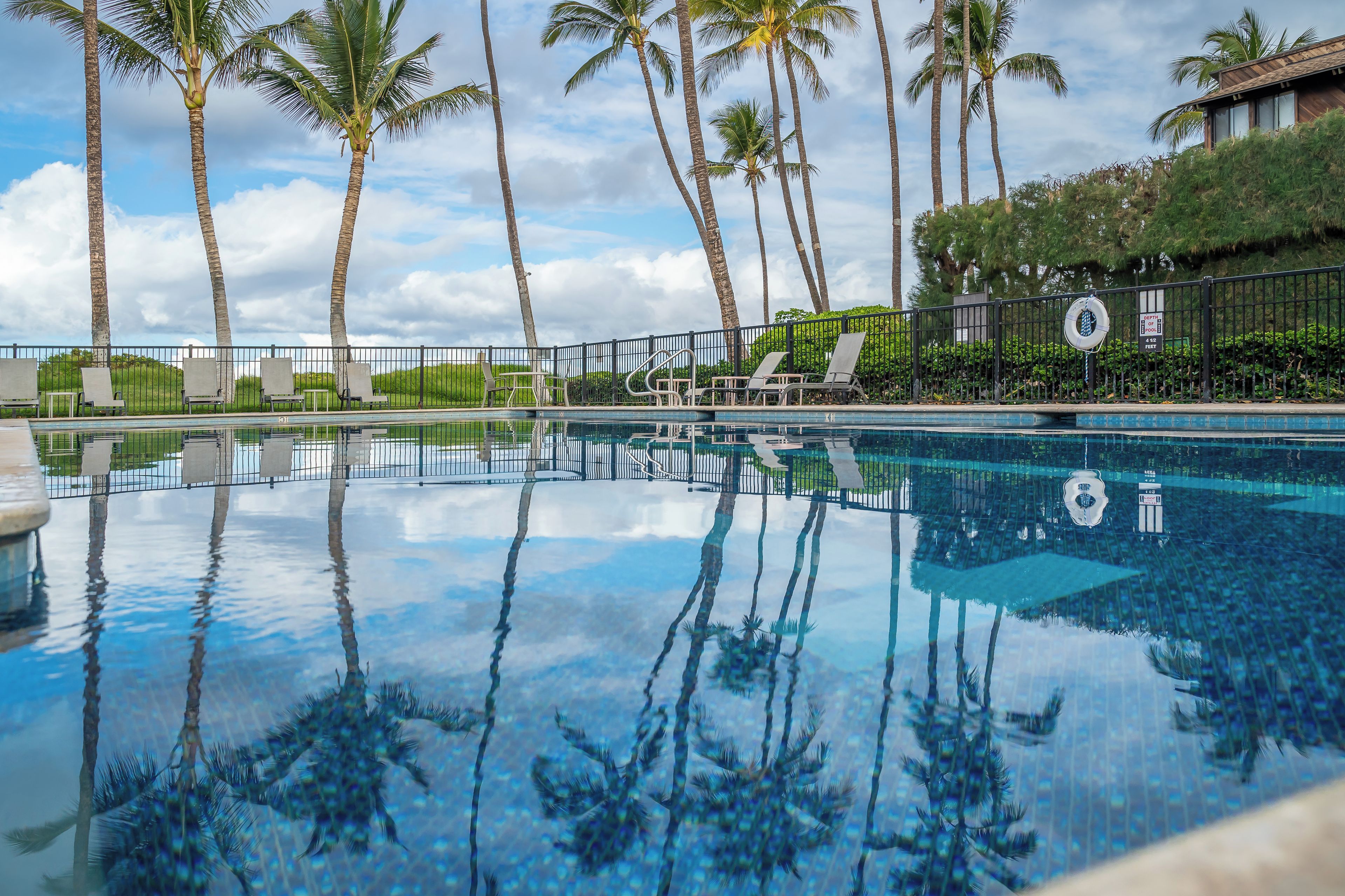A pool with clear water reflecting palm trees, surrounded by lounge chairs and a fence.