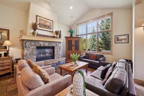 Flat-screen TV, fireplace