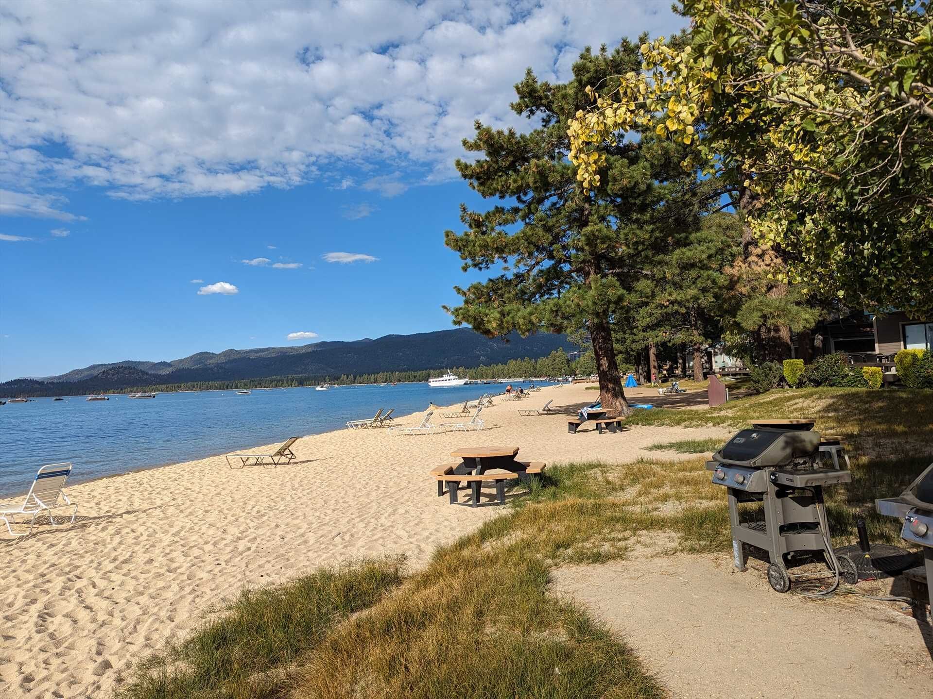 A beach with a clear view of the lake, picnic tables, and a barbecue grill.