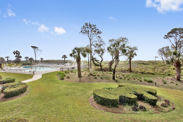 A landscaped area with a pool, manicured lawns, and various trees.