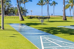 Et blå shuffleboard-bane med et skilt, der advarer om glatte overflader ved fugt, omgivet af palmer og en klar himmel.