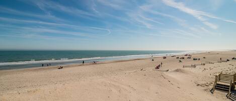 A wide sandy beach with a clear sky and ocean.