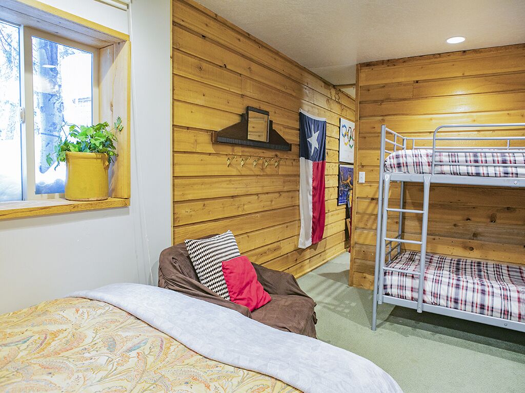 A room with wooden walls, a bunk bed, a single bed with patterned bedding, a window with a plant, and a Texas flag.