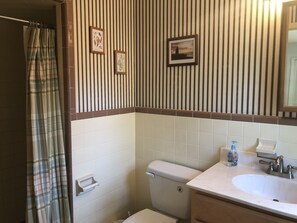 Chuveiro/banheira combinados, secador de cabelo, toalhas de banho 
