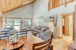 TV, fireplace, books