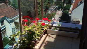 Un balcon agrémenté de plantes et de fleurs en pot, donnant sur un quartier résidentiel composé de différents immeubles.
