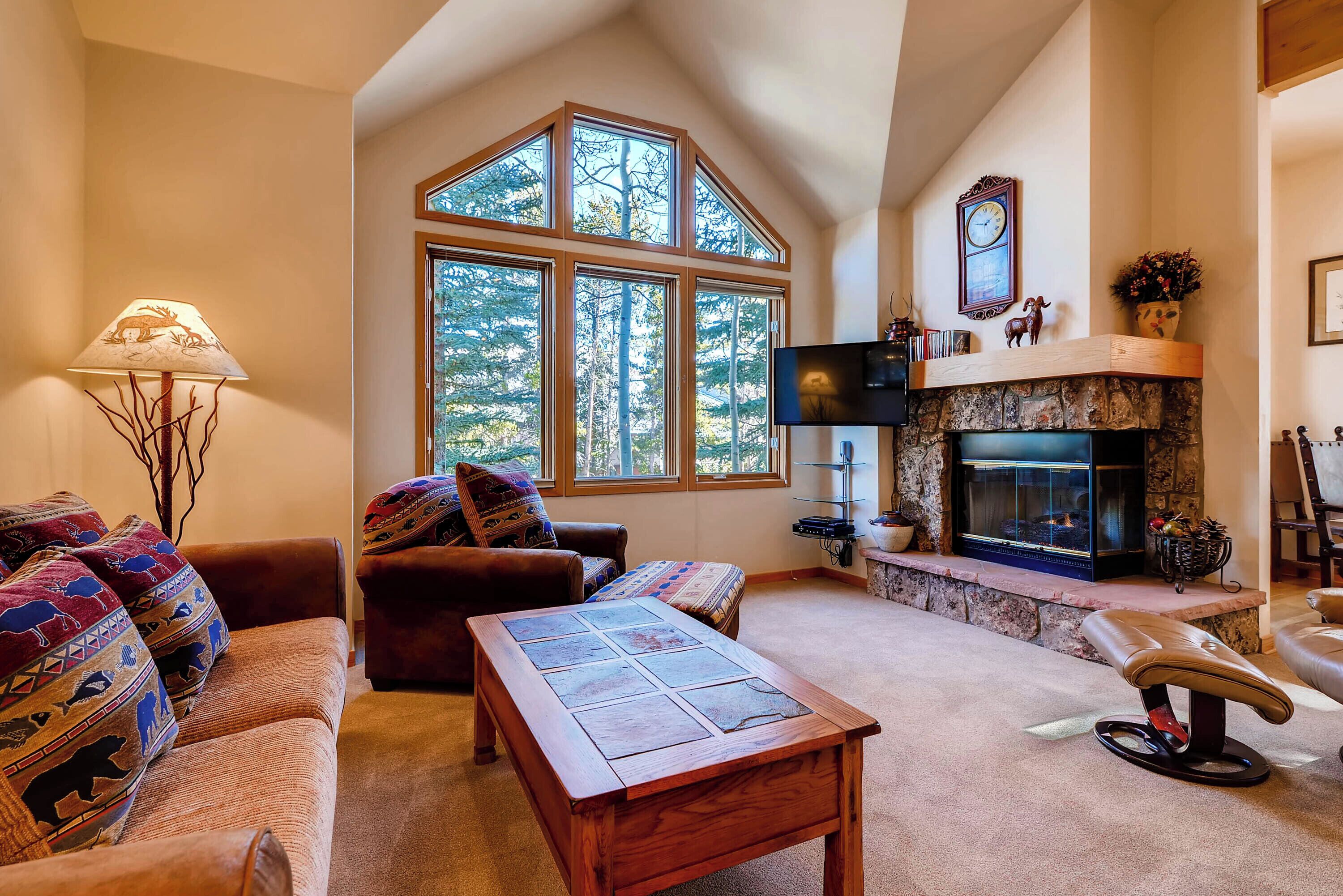 Flat-screen TV, fireplace