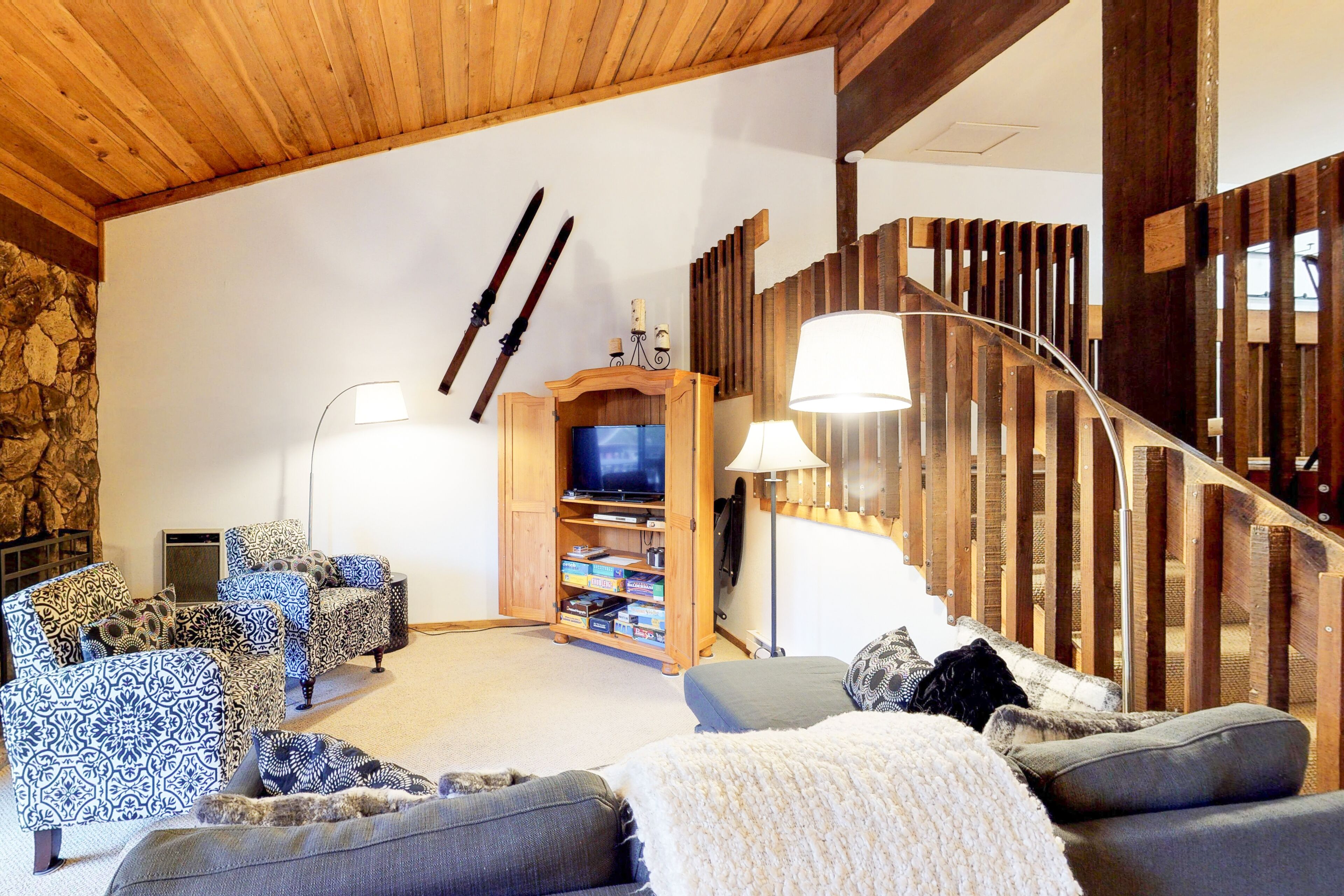 Televisión, chimenea y reproductor de DVD 