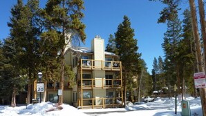 A two-story building with a speed limit sign of 20, surrounded by snow and trees.