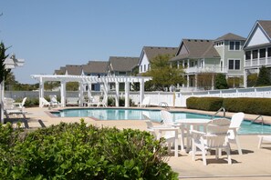 A pool area with white deck chairs and a covered seating area. - Blue-Eyed Lookout: Dog-Friendly, Private Pool, Hot Tub (Corolla)