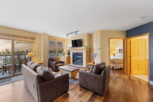 Televisión, chimenea y reproductor de DVD 