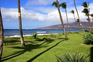 On the beach, sun loungers, beach towels