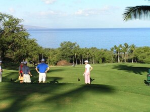 A golf course with a view of the ocean, palm trees, and a clear sky.