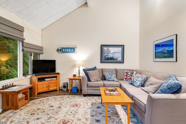 Een televisie, een open haard, een tafeltennistafel en boeken