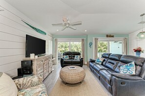 Flat-screen TV, DVD player, books, video library