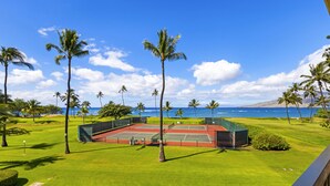 Un court de tennis offrant une vue sur l’océan et les palmiers.