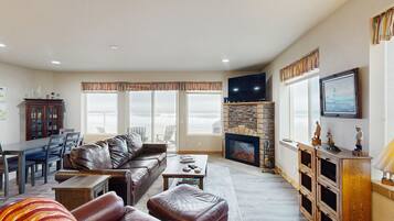 Televisión, chimenea, reproductor de DVD y libros