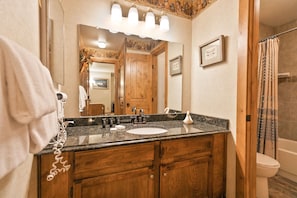 Combined shower/bathtub, free toiletries, hair dryer