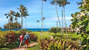 A pathway lined with palm trees and tropical plants leading to a building with a view of the ocean. - Kahala 422 Poipu Tropical Nature By Suite Paradise (Koloa)