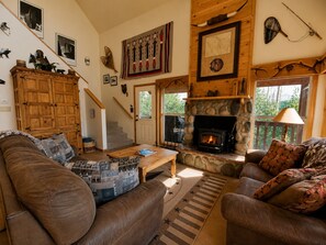 TV, fireplace, DVD player, books